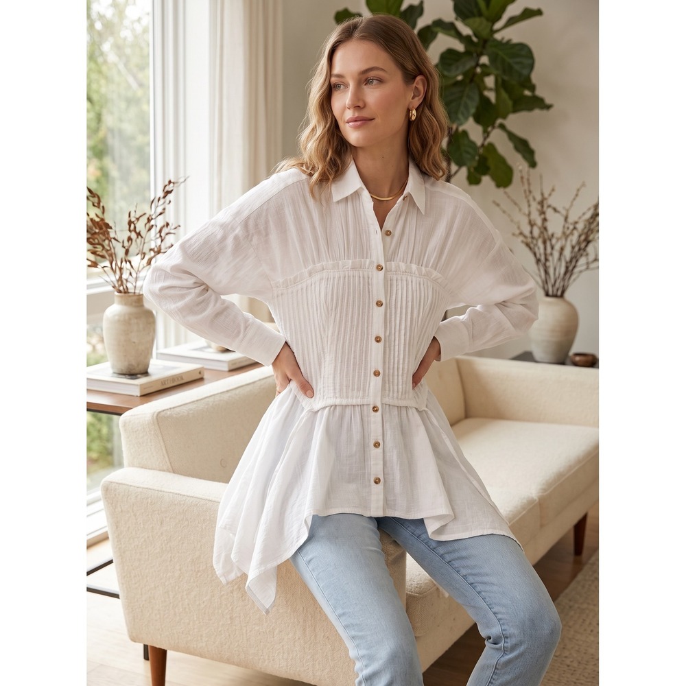 Cottagecore Pilcro Pleated Corset Peplum Blouse S White Cotton Boho Asymmetrical